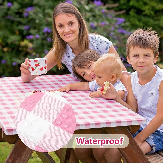 Picnic Table Cover with Bench Covers and Bag, Camping Table Camping Essentials Cover with Elastic Edges(Pink)
