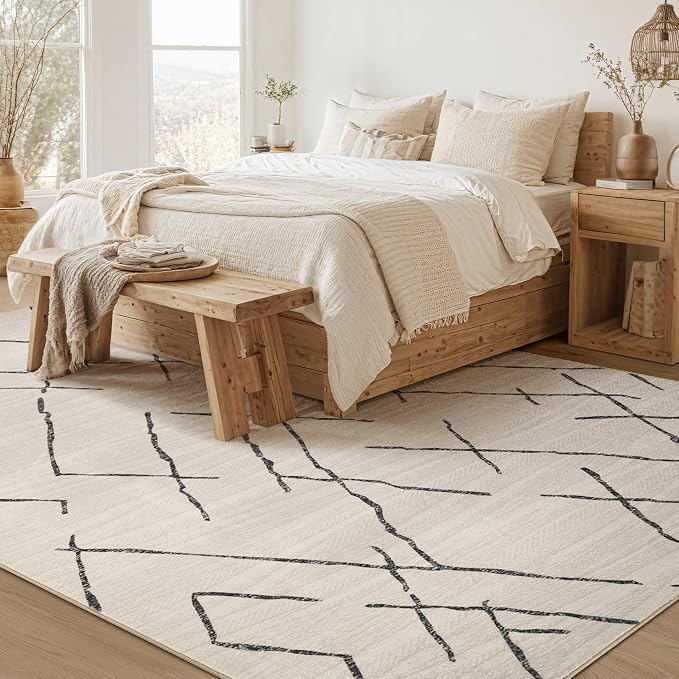 kakania Washable 8x10 Area Rug for Living Room: Boho Geometry Home Decor | Soft Stain Resistant, Low-Pile, Non-Slip, Pet & Kid Friendly, Thin Rug for Bedroom/Dining Room/Kids Dorm - Beige