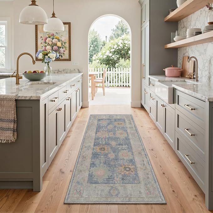 2X5 Washable Hallway Runner Rug, Boho Vintage Floral Non Slip | Dusty Blue Floral Runner, Soft Faux Wool Rug for Corridor Kitchen Entryway, Stain Resistant, Pet-Friendly, Non-Shedding, Thin