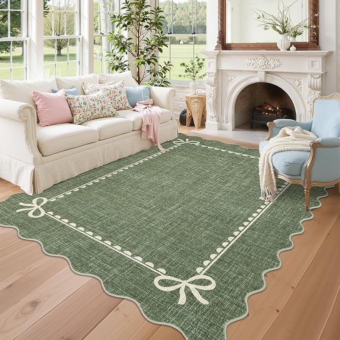 GarveeHome Scalloped Bow Rug 5x7 Washable Green Rug for Bedroom Living Room | Non Slip Soft Low Pile Indoor Carpet for Nursery Girls Bedroom Decor Hallway Kids Room College Dorm Playroom