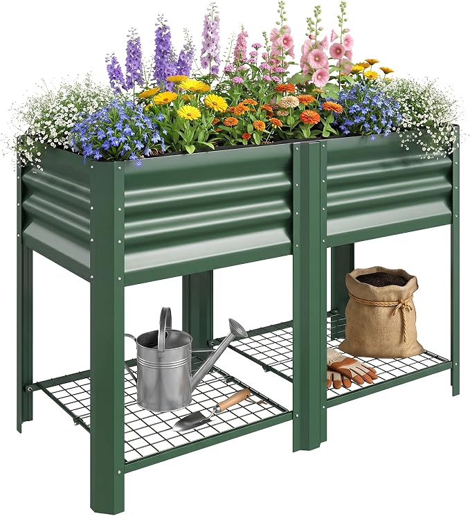 Outsunny Galvanized Steel Raised Garden Bed with Storage Shelf and Bed Liner, Elevated Planter Box with Legs for Flowers, Vegetables, and Herbs, for Outdoor Patio Yard, Glove Included, Green