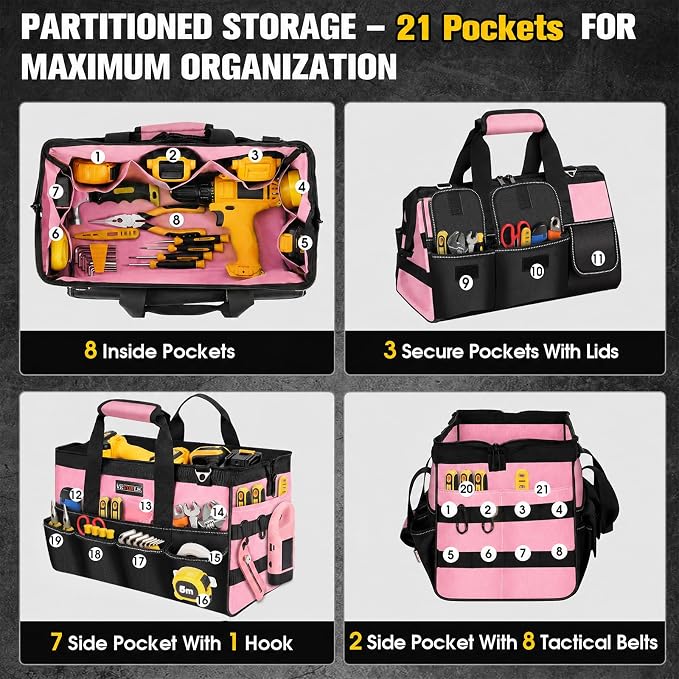 Veitorld 16-Inch Tool Bag Tool Box Organizer, Heavy Duty Tool Organizer with 19 Pockets, Wide Mouth Design for Easy Access, Portable Tool Tote Gift for Women and Men, Garage, Workshop, Pink