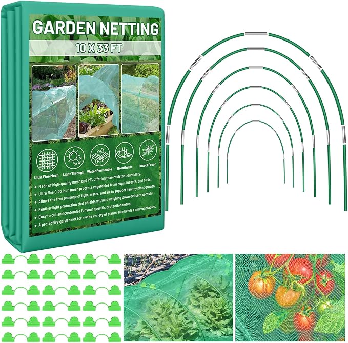 Garden Mesh Netting Kit for Raised Beds, 10x33FT Ultra Fine Mesh Netting& 6 Sets 8FT Fiberglass Garden Hoops, Insect Netting Row Cover, Pest Barrier Protection for Vegetable Fruits Flowers