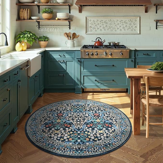 GarveeHome Dark Blue Floral 4 ft Round Rug Washable Non-Slip Soft Low Pile Small Circle Carpet Vintage Rugs for Kitchen Bedroom Nursery Dining Living Room