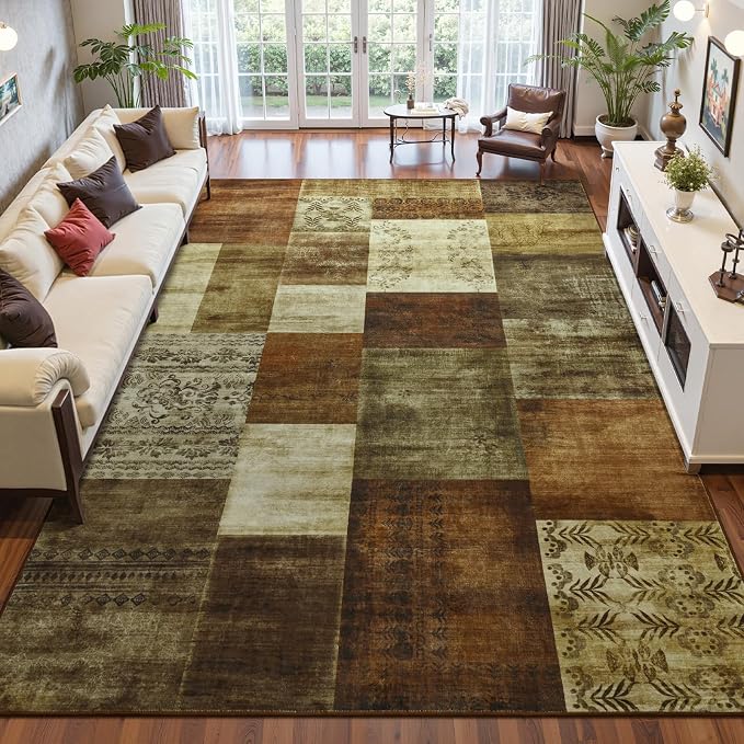 Washable Area Rugs 4x6 for Living Room, Modern Geometric Brown Soft Patchwork Carpet, Non-Slip Stain Resistant Throw Rug for Bedroom Dining Room Office Home Decor