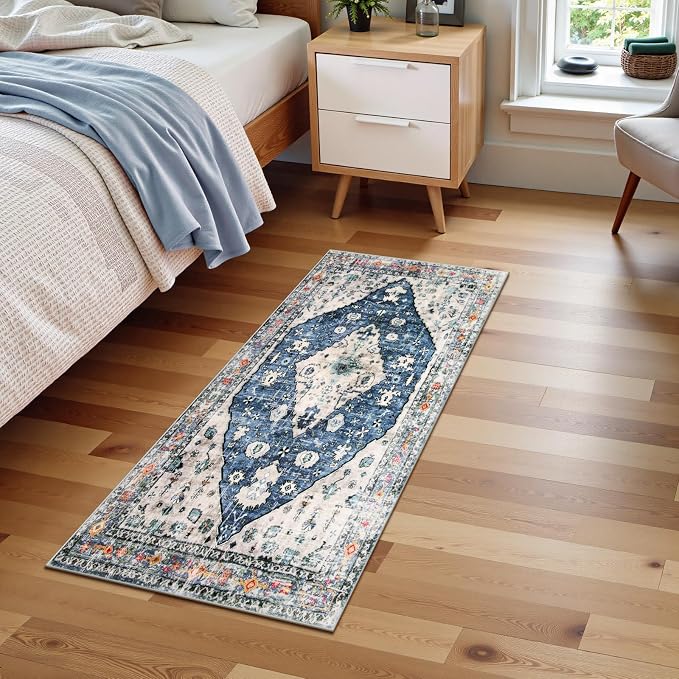 Lahome Felice Boho Tribal Runner Rug, 2x4.3 Blue Hallway Runners Rug Small Bathroom Rugs, Oriental Soft Machine Washable Non Slip Bedside Carpet Runner for Bedroom Entrance Kitchen Laundry