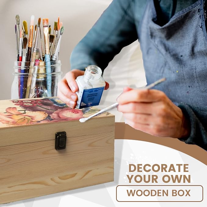 10.71x8x5.66-Inch Unfinished Wooden Box with Hinged Lid & Front Clasp for DIY Art Project Crafts Woodcraft Keepsake - Easy to Stain Paint Wood Burning