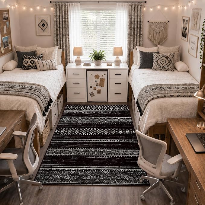 4x6 Washable Area Rugs for Living Room Boho Bedroom Rug Black/White | Vacuum Friendly, Machine Washable, Non-Slip Rug, Stain Resistant, Moroccan Geometric, Low Pile Carpet, Dining Room Kitchen