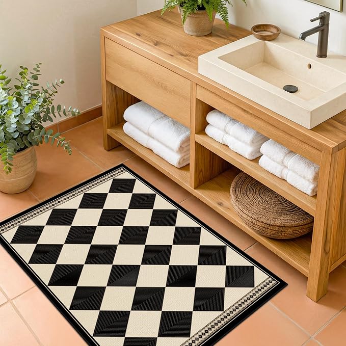 2x3 Elegant Farmhouse Checkered Entry Kitchen Rug, Vintage Diamond Front Door Mat, Non-Slip Washable Soft Easy Jute Area Rug, Non-Shedding Low Pile Carpet for Entryway, Bedroom, Porch, Black & White
