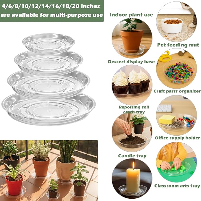 12 Packs 10 Inches Large Clear Plant Saucers for Indoor Outdoor Use Heavy Duty Plastic Plant Trays for Planter Flower Pot Drip Trays to Catch Water, 4 to 20 Inch, Round Transparent