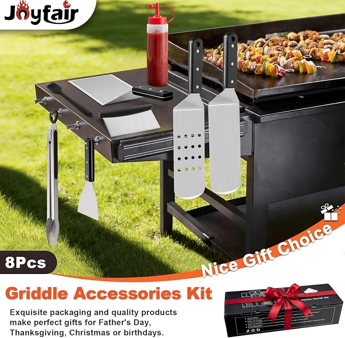 8Pcs Griddle Accessories Kit for Blackstone, Joyfair Flattop Grilling Accessory Tool Set with Stainless Steel Burger Spatula Turner, Metal Flipper, for Outdoor BBQ Teppanyaki Hibachi, (ABS Handles)