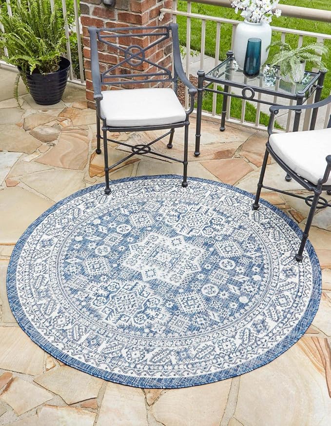 Unique Loom Outdoor Aztec Collection Area Rug - Chalca (5' 3" Round, Blue/ Ivory)