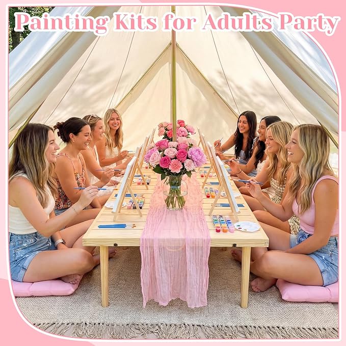 18 Pcs Picnic Paint Party Kit 118'' x 71'' Extra Large Outdoor Boho Blanket with Painting Kit Pink Floor Pillow Cushions and Cheesecloth Table Runner for Painting Party