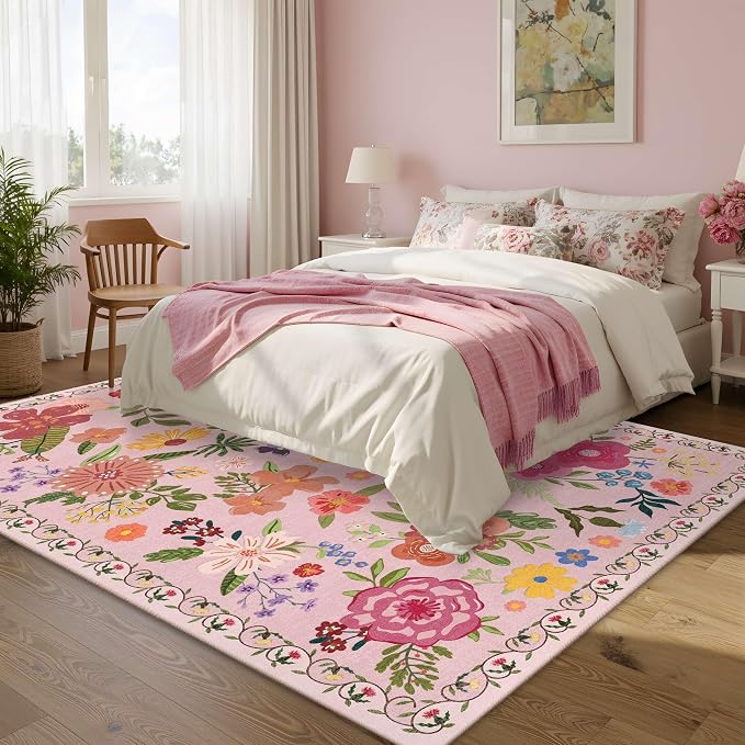 Latte&Fog Washable Living Room Floral Rugs 5x7 Pink Rugs for Girls Bedroom | Non Slip Low Pile Soft Cute Carpet for Dining Kitchen Kids Playroom Nursery Guest Room Classroom Dorm Farmhouse Office