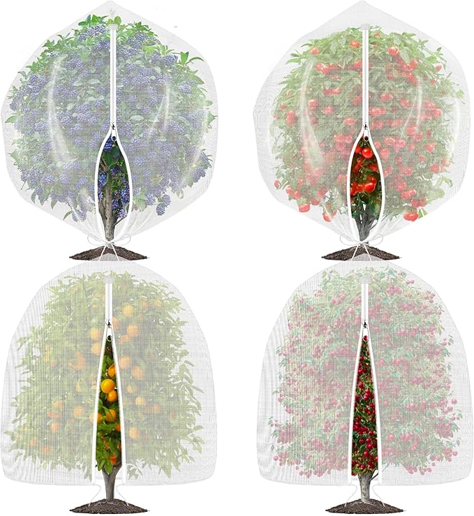OZMI 4 Pack Bird Netting for Garden Protection with Zipper & Drawstring, 2.3FT x 3.4FT Reusable Mosquito Net Plant Netting Cover for Fruit Tree Blueberry Bush Shrubs Vegetables Tomato