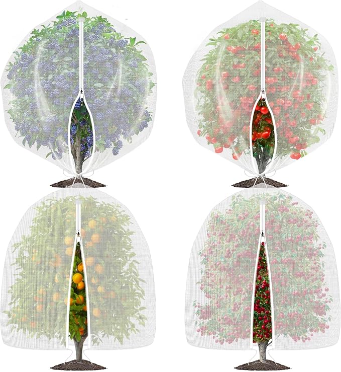 OZMI 4 Pack Fruit Tree Blueberry Bush Netting Cover, 4Ft x 5Ft Reusable Bird Netting for Garden Protection with Zipper & Drawstring, Shrubs Tomato Strawberry Plant Bushes Protector