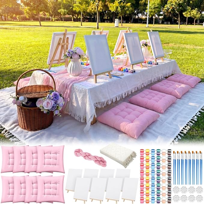 18 Pcs Picnic Paint Party Kit 118'' x 71'' Extra Large Outdoor Boho Blanket with Painting Kit Pink Floor Pillow Cushions and Cheesecloth Table Runner for Painting Party
