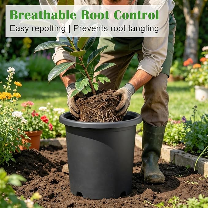 16 inch Deep Large Planters for Outdoor Plants, 4-Pack Plastic Plant Pots with Drainage Holes for Indoor Outdoor Gardening, Heavy Duty Garden Planter Flower Pots, (16" Top Dia × 15" Tall), Dark Gray