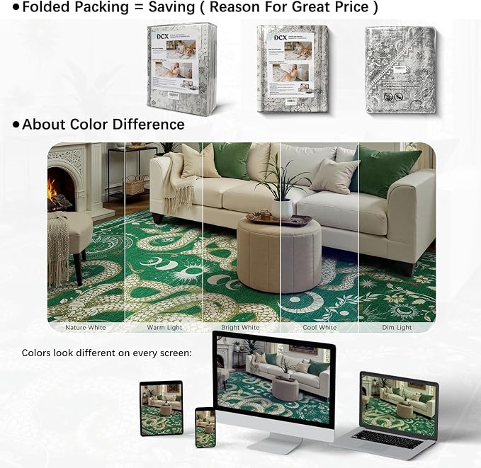 DCX 5x7 Washable Snake Rug for Living Room, Non Slip Low Pile Rug, Green | Rugs for bedroom, dining room, office, soft, gothic rug, sain resistant indoor carpet, home decor