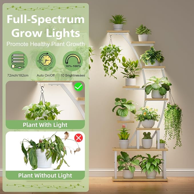 BACEKOLL Plant Stand Indoor with Grow Lights, 9 Tiered Metal Plant Shelf, 64" Tall Plant Stand for Indoor Plants Multiple, Large Plant Rack Display Shelf, Curved Plant Holder for Living Room, White