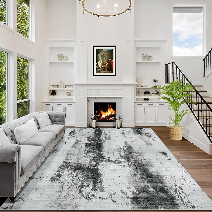 2'6''x8' Runner Rugs Washable Rug: Modern Abstract Black White Grey Carpet | Non-slip TPE backing makes this washable soft low-pile rug safe & durable, Pet-friendly decor for dining room,nursery,office