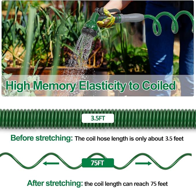 SPECILITE 3/8" Lightweight Coil Garden Hose 75FT, EVA Flexible Curly Water Pipes with 6-Pattern Spray Nozzle for Boat, Greenhouse, Yard, Patio, Green