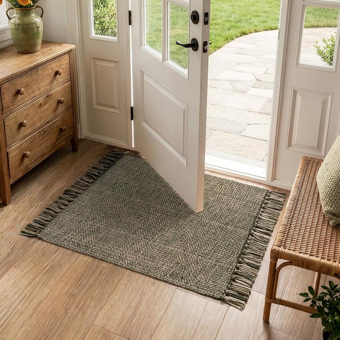 Boho Bathroom Rug 2' x 3', Modern Farmhouse Rugs for Entryway | Moss Green Washable Kitchen Mat, Hand-Woven Front Under Doormat Layering Rug, Reversible Porch Carpet for Laundry Bedroom