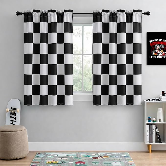Rod Pocket & Back Tab Checkered Curtains, 100% Blackout, Race car Flag Checkerboard Curtains, Thermal Insulated, Noise Reducing, 2 Panels, Each W42×L54