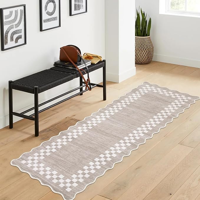 GarveeHome Washable Runner Rug 2x10 Modern Bordered Hallway Runner Rug | Non Slip Kitchen Throw Carpet Checkered Bathroom Entryway Low Pile Solid Area Rugs for Living Room Bedroom Nursery Sink, Fog