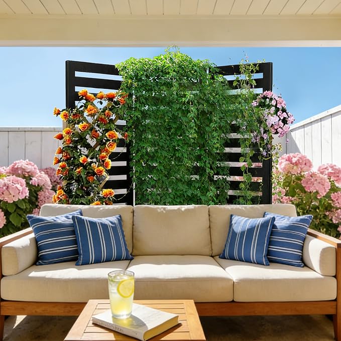 Garvee Privacy Screen with Planter Box - 3-Panel Freestanding Outdoor Room Divider, 51x70x31 Inch Metal Garden Fence with 4 Self-Draining Raised Garden Beds for Patio Deck Yard, Black