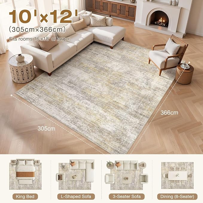 cotiled Boho 10x12 Area Rug for Living Room: Large Moroccan Washable Rug | Solve Modern Neutral Trendy Home Decor - Stain Resistan Carpet for Bedroom Farmhouse Gold Brown