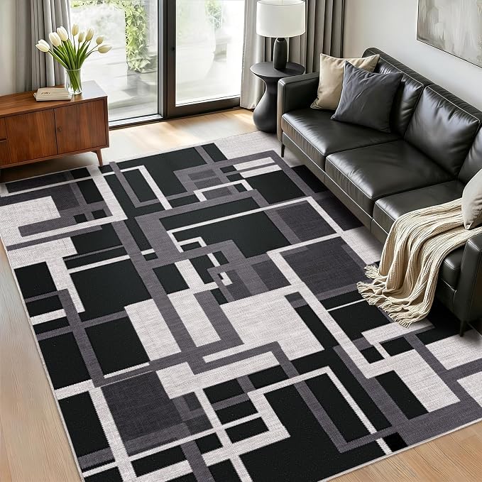 Pionblank Modern Geometric Area Rugs for Bedroom, Black White Grey 4x6 Rug | Charcoal Black Patchwork Blocks Indoor Carpet for Living Room Dining Room Office | Soft Low-Pile Floor Rug | Non-Slip