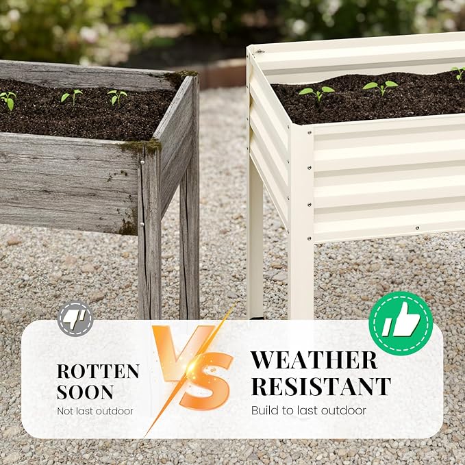 King Bird Large Raised Garden Bed with Cover Galvanized Elevated Planter Box with Legs 48×24×56 in for Backyard, Patio, Balcony, 700lb Capacity, Beige