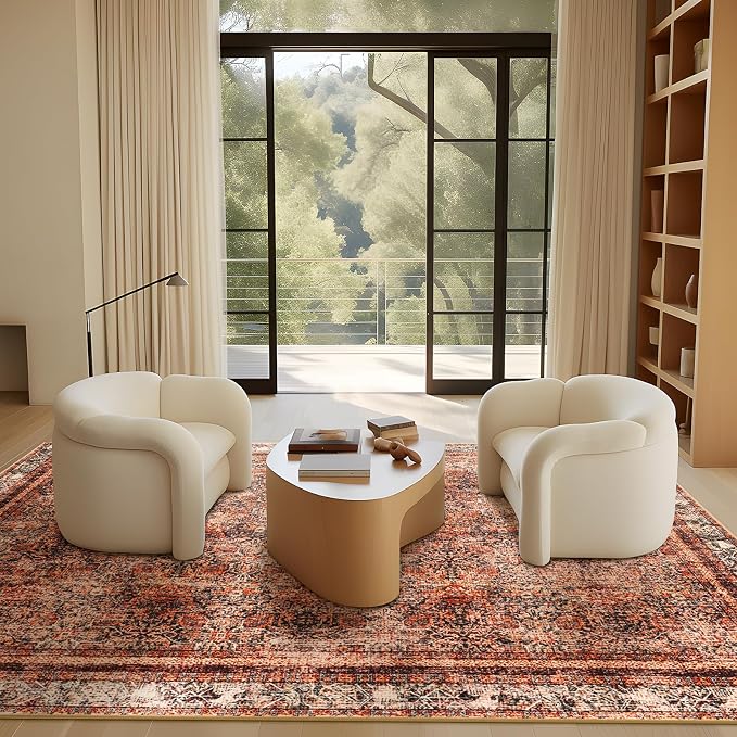 Phantoscope Washable Area Rug 5'x7' Non-Slip, Vintage Neutral Xmas Rugs for Living Room, Bedroom, Dining Room, Distressed Boho Floral Medallion Pattern, Low-Pile Foldable Floor Carpet, Brick Red/Black