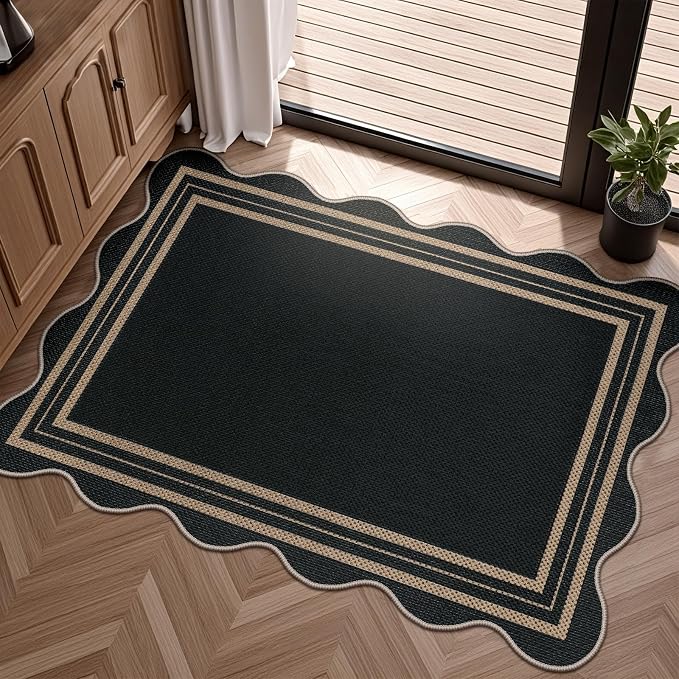 Easy Jute Black Kitchen Rug, 2x3 Front Door Mat Washable Non Slip Small Entryway Rug, Indoor Outdoor Farmhouse Scalloped Doormat for Bathroom Doorway Porch