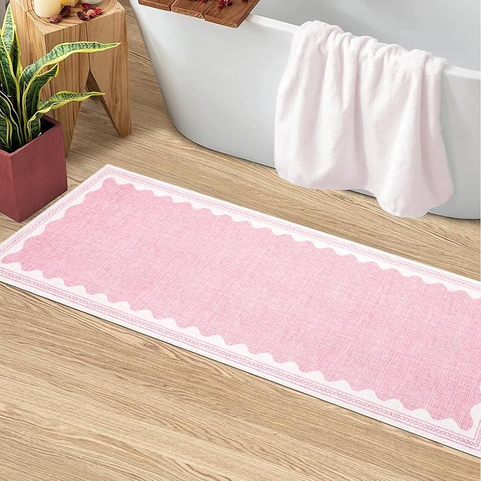 2x6 Scalloped Runners Pink Washable Hallways Bedroom Rug | Solid Non Slip Scalloped Bath Runner, Rugs for Bedroom Girls, Rugs for Kitchen Floor Soft Dorm Nursery Carpet for Bedside