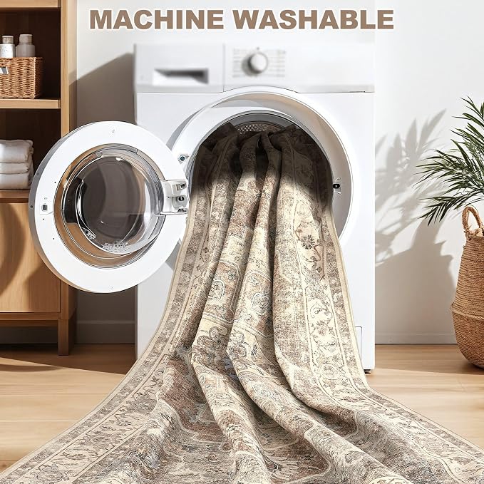 Washable Area Rug-8X10 Vintage Neutral Soft Beige Brown | Non Slip Thin Foldable Large Floor Carpet for Living Room Bedroom Kitchen Dining Room Home Office Farmhouse Indoor