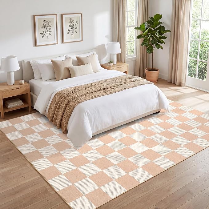 GarveeHome Checkered Blush Beige 8x10 Washable Rug Low-Pile Bedroom Nursery | Non-Slip Blush Beige Soft Stain Resistant Rug for Bedroom Bathroom Living Room Geometric Modern Rug TPE Backing