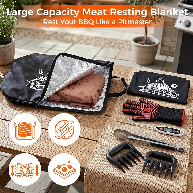 Upgraded 23in BBQ Blanket for Resting Meat with Grill Accessories, Insulated Meat Resting Bag & Accessories for Brisket, Pork, Turkey – BBQ Gifts for Men, Dad, Grill Lovers with Gift Box