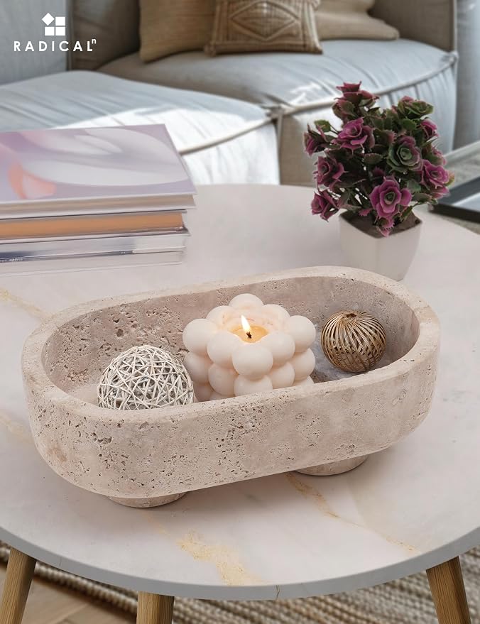 Radicaln Marble Oval Bowl With Stand 10" Inches Travertine Handmade Decorative Bowl, Ideal Key Bowl & Candle Holder, Candy and fruit Dish For Kitchen Countertop