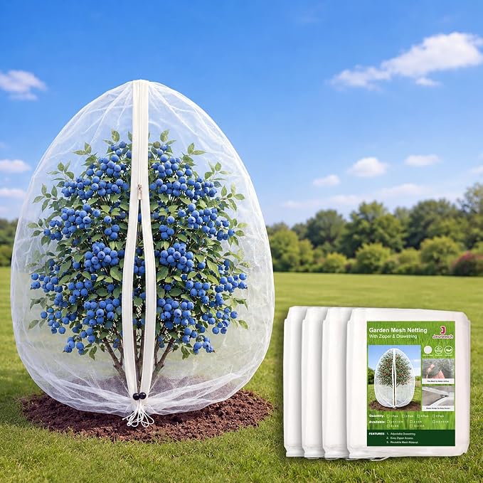 Jevrench 4 Pack 2.6 x 3.6ft Garden Netting for Plants, Fruit Tree Netting with Zipper & Drawstring, Bird Netting for Garden Protection, Blueberry Bushes, Tomato Plants & Fruit Trees