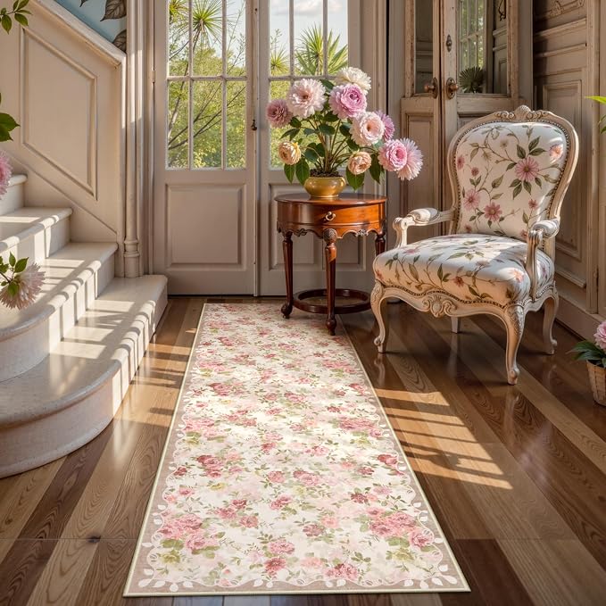 Lahome Floral Pink Bathroom Rug Runners for Hallways Non Slip, 2x6 Washable Kitchen Runner Rug, Soft Boho Throw Carpet for Girls Bedside Bedroom Laundry Nina Beige/Pink/Multi