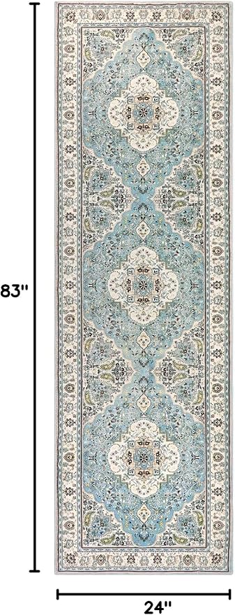Lahome Felice Floral Medallion Runner Rug - 2x7 Hallway Kitchen Vintage Runner, Non-Slip Washable Lightweight Low-Pile Bedside Mat Indoor Floor Carpet for Entrance Laundry Bathroom, Sky/Baby Blue