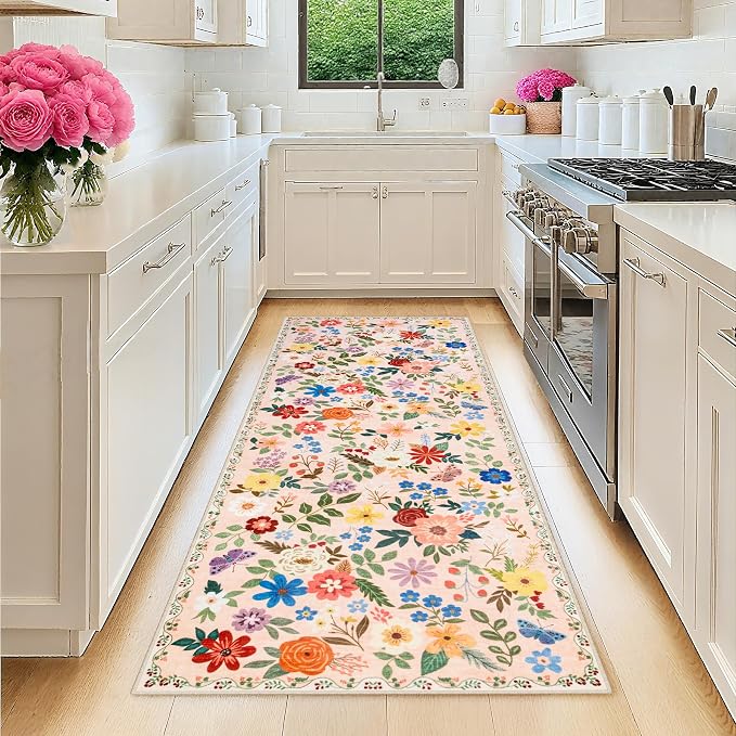 PLHXFR 2x6 Washable Runner Rug：Floral Indoor Kitchen Soft Carpet Beige | For Hallway Bedroom Kitchen Laundry Bathroom Dorm,Vintage Floral,Machine washable,Non Slip,Stain Resistant,Indoor Floor