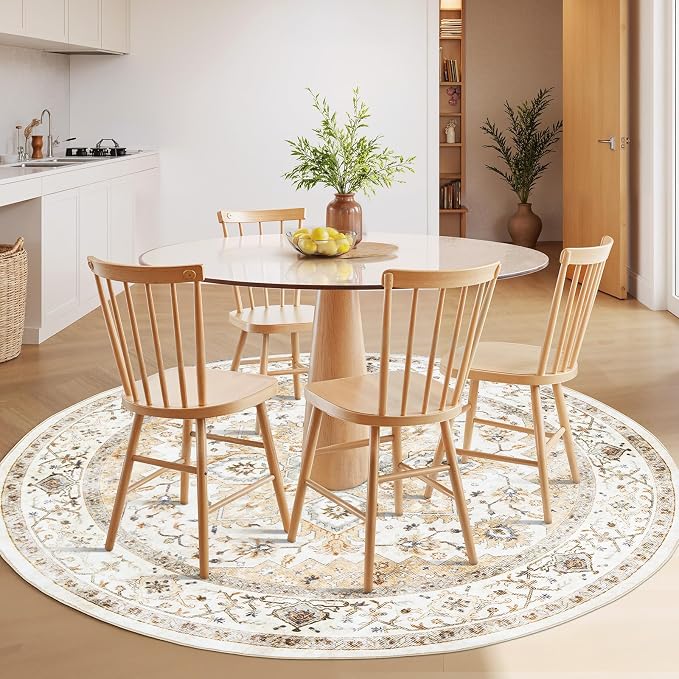 AMADA HOMEFURNISHING Round 4ft Area Rugs, Low-Profile Washable Rug with Non-Slip Backing & Durable Edge Binding, Vintage Rugs for Living Room, Bedroom, Dinning Room