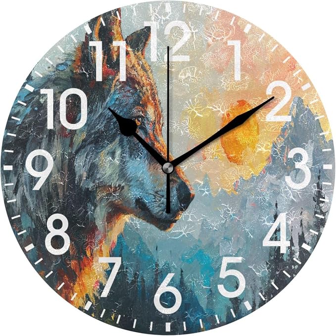 ALAZA Home Decor Watercolor Sunset Wolf Mountain Watercolor Round Acrylic 9.5 Inch Wall Clock Non Ticking Silent Clock Art for Living Room Kitchen Bedroom