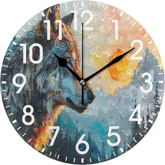 ALAZA Home Decor Watercolor Sunset Wolf Mountain Watercolor Round Acrylic 9.5 Inch Wall Clock Non Ticking Silent Clock Art for Living Room Kitchen Bedroom