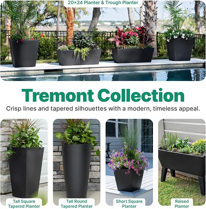 Step2 Tremont Trough Planter 2-Pack, Large Resin Planters for Outdoor Plants, Self-Watering, Black