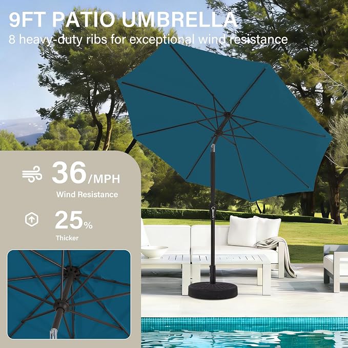 MEWAY 9ft Patio Umbrella Outdoor Table Umbrellas with Push Button Tilt and Crank, Market Umbrella 8 Sturdy Ribs for Deck, Garden, Pool and Backyard, Lake Blue