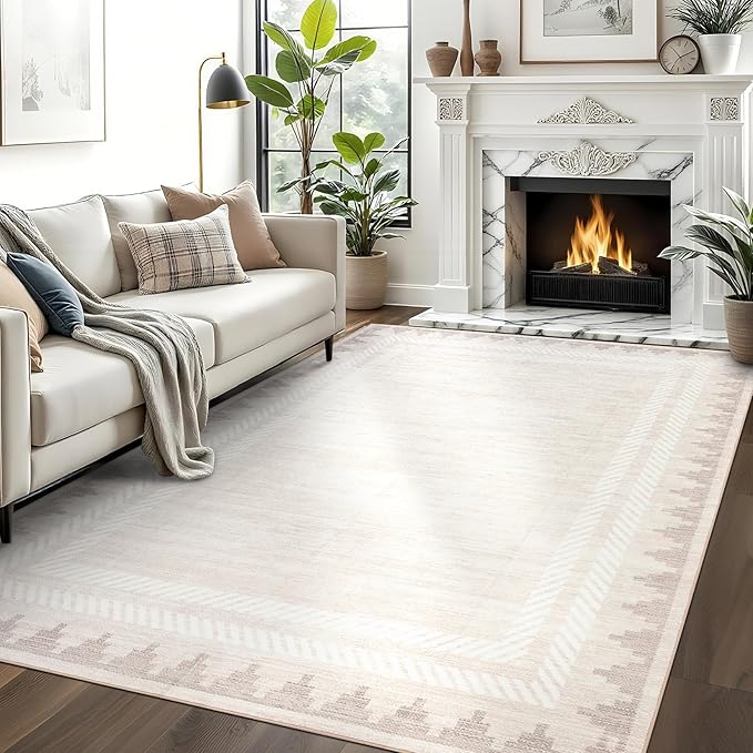 GarveeHome Washable Area Rug 9x12 Cream Rugs Unique Bordered Neutral Living Room Rug,Modern Geometric Rug for Farmhouse Non Slip Soft Non Shedding Low Pile Neutral Carpet for Open Spaces Office